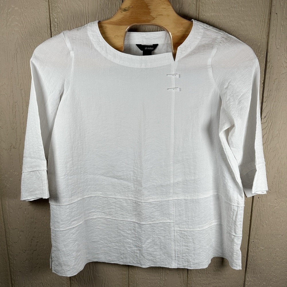 ALI MILES Tunic Top Womens 1X White Crinkle Texture Lagenlook 3/4 Sleeve Rayon